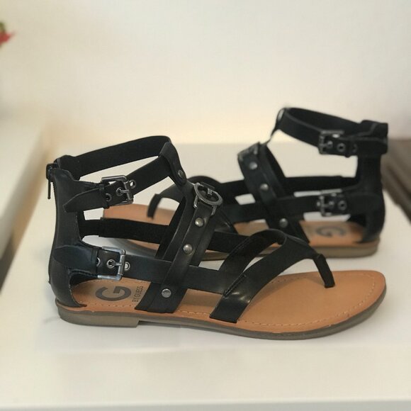 Guess Gladiator Sandals Flat Black Size 8 GG Martin - Picture 4 of 11